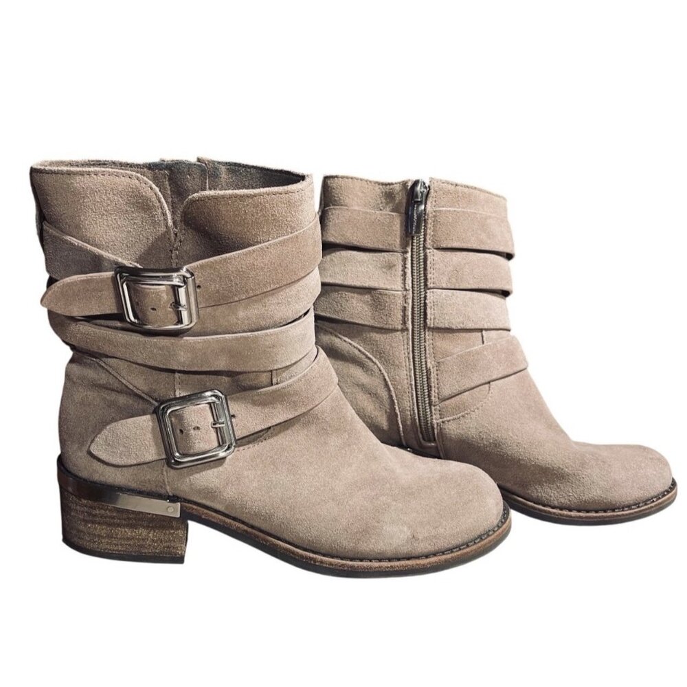 Vince Camuto Webey Boho Women Tan Suede Ankle Western Boots 6.5M Strappy Buckle